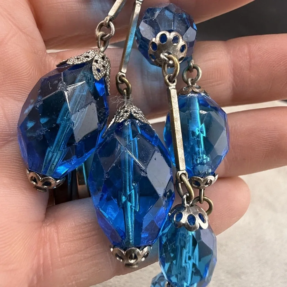 Vintage Statement Necklace Silver‎ Tone Blue Rhinestone 22